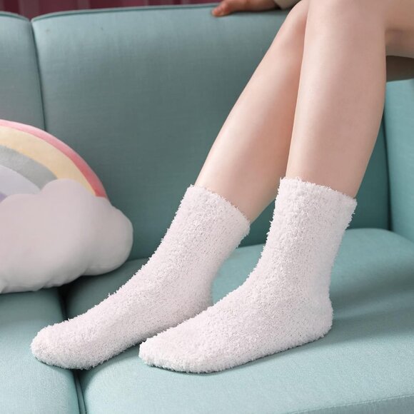 Women Fuzzy Socks Cozy Fluffy Warm Slipper Microfiber Soft Sleep Black White - Picture 3 of 6